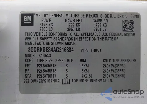 2010 Chevrolet Silverado 1500 Lt z USA, uszkodzony, nr VIN 3GCRKSE34AG216334